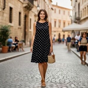 Lauren Ralph Lauren Women's Black and White Polka Dot Midi Dress. Size 10.
